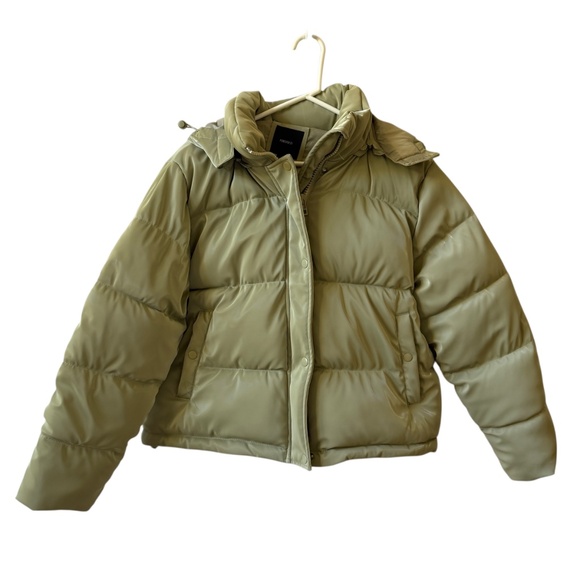 FOREVER 21 PUFFER JACKET REMOVABLE HOOD ZIP SNAP FRONT FAUX LEATHER LOOK L - Picture 2 of 11